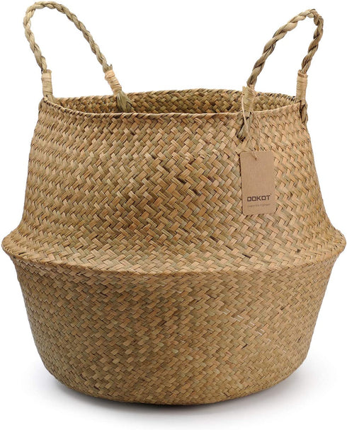 DOKOT Seagrass Plant Basket with Handles, Round Storage Wicker Basket (10.6inch Diameter x 12.5inch Height, Natural)