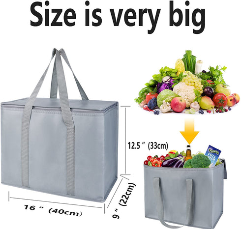 2-Pack XL Insulated Grocery shopping bag, Grey, Delivery,pizza,reusable bags, Sturdy zipper,Collapsible,tote,cooler,thermal,for instacart, for Doordash,Beach,waterproof transport