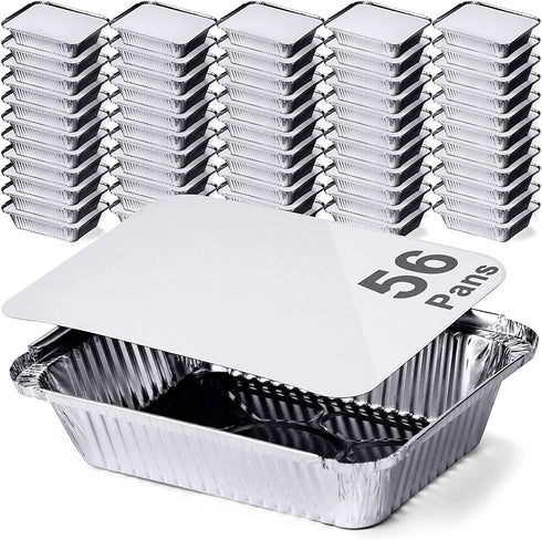 DecorRack 56 Aluminum Pan Disposable with Flat Board Lid, 2.25 Lb Heavy Duty Rectangular Tin Foil Pans, Perfect for Reheating, Baking, Roasting, Meal Prep, to-Go Containers (56 Pack)