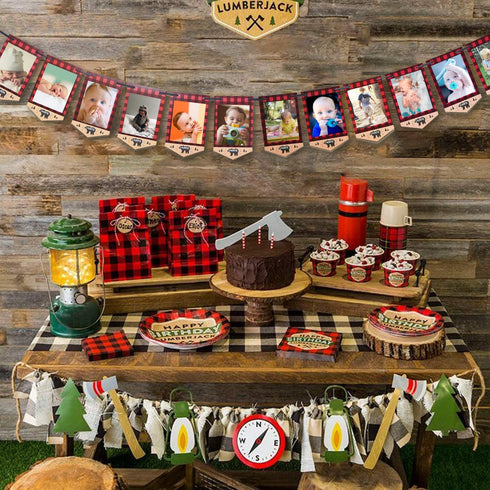 Lumberjack First Birthday Photo Banner Baby Monthly Photo Prop Buffalo Plaid Camping Bunting Garland, Woodland Party Decor