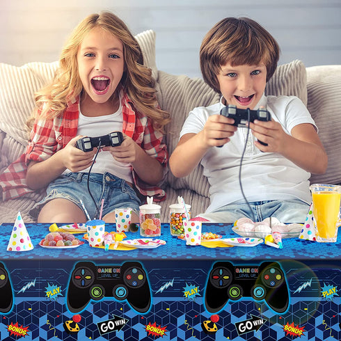 Video Game Table Cover Blue Video Game Birthday Decoration Game Theme Plastic Table Cloth Party Supplies for Boys Girls Kids Player Geek Party Decorations, 54 x 108 Inches (1 Piece)