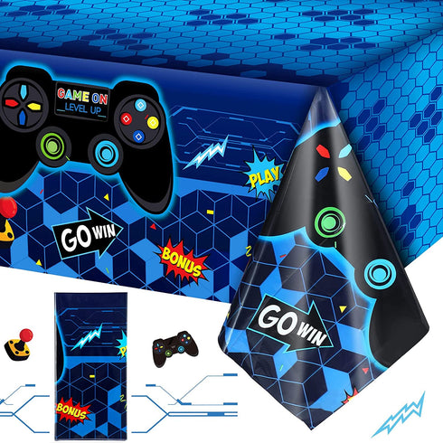 Video Game Table Cover Blue Video Game Birthday Decoration Game Theme Plastic Table Cloth Party Supplies for Boys Girls Kids Player Geek Party Decorations, 54 x 108 Inches (1 Piece)