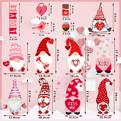 9 Sheets Valentines Day Decor Gnome Wall Stickers Valentines Wall Decals Heart Gnomes Window Stickers Gnomes Wall Vinyl Stickers for Living Room Bedroom Home Art Decor