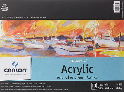 Canson Artist Series Montval Acrylic Pad, Sized Heavyweight No-Buckle Paper, Fold Over, 185 Pound, 12 x 16 Inch, 10 Sheets