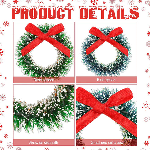 24 Pieces Mini Christmas Wreaths with Bows Christmas Wreath Decorations Including 1 Inch Blue-Green Xmas Wreaths and 1.2 Inch Grass-Green Xmas Wreaths for Christmas Tree Holiday Decorations