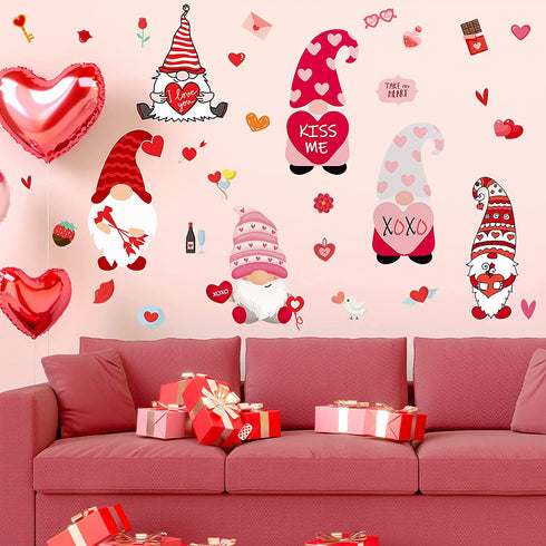 9 Sheets Valentines Day Decor Gnome Wall Stickers Valentines Wall Decals Heart Gnomes Window Stickers Gnomes Wall Vinyl Stickers for Living Room Bedroom Home Art Decor