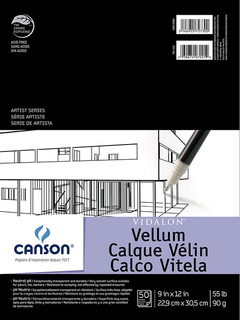 Canson Artist Series Vidalon Vellum Paper Pad, Translucent and Acid Free for Pencil, Ink and Markers, Fold Over, 55 Pound, 9 x 12 Inch, 50 Sheets