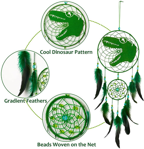 Basumee Dinosaur Dream Catcher for Kids Feather Dream Catchers Handmade Home D©cor Wall Hanging with Double Ring for Nursery Bedroom Boy Birthday Gift, Green