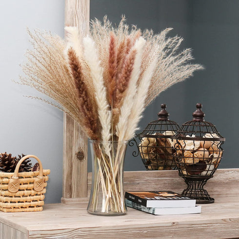 60 Pcs Boho Flowers Faux Pampas Grass Decor- Tall and Fluffy with No Shedding - Artificial Pompass Grass for Home, Wedding, and Table Decor, White, Brown & Reed