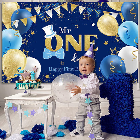Boys 1st Birthday Decoration Mr. Onederful Birthday Party Supplies Boy 1st Birthday Backdrop Happy 1st Banner for Baby Toddler Little Man First Birthday Party Decor Photo Prop, 6 x 3.6 Feet
