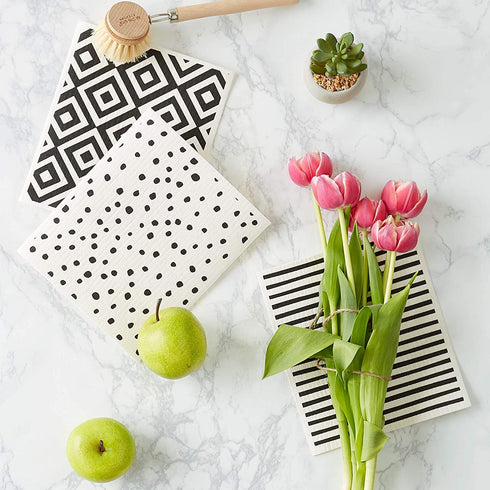 DII Swedish Dishcloth Set Cleaning Collection, 7.75 x 6.75, Black & White, 3 Piece