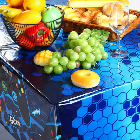 Video Game Table Cover Blue Video Game Birthday Decoration Game Theme Plastic Table Cloth Party Supplies for Boys Girls Kids Player Geek Party Decorations, 54 x 108 Inches (1 Piece)