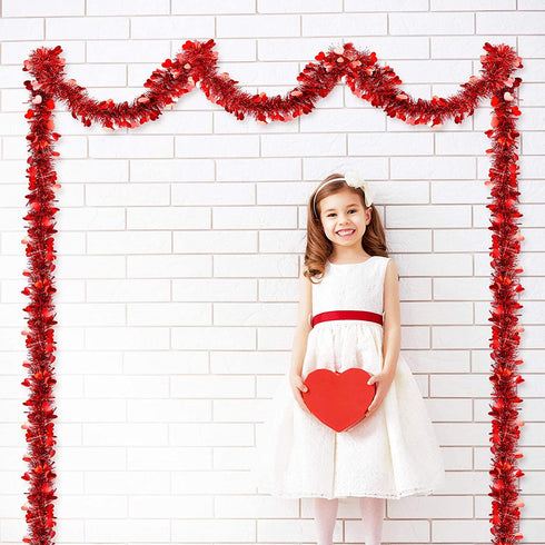 WILLBOND 26.2 Feet Heart Tinsel Garland Valentines Metallic Tinsel Twist Garland Shiny Hanging Decoration for Valentines Tree Wreath Wedding Party Supplies (Red)