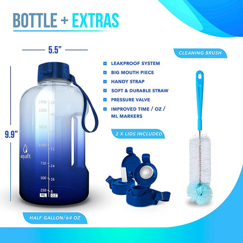 AQUAFIT Half Gallon Water Bottle with Straw Half Gallon Water Jug Motivational Water Bottle 64 Ounce Water Bottle with Time Marker Large Water Bottle Big Water Bottle 1/2 Gallon Water Jug Big Water Jug Dark Blue Fade