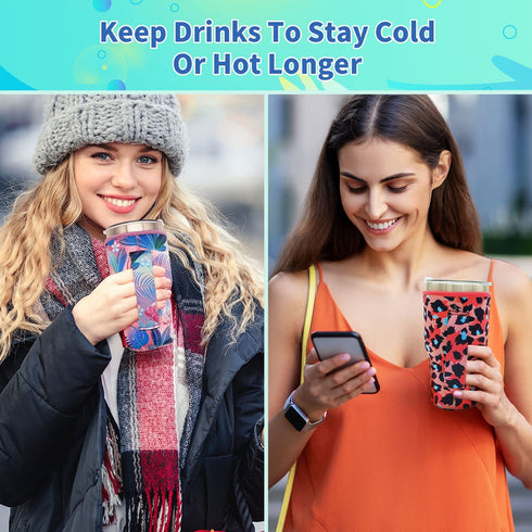 Reusable Iced Coffee Cup Sleeve Neoprene Insulated Sleeves Cup Holder with handle Idea for 30oz - 32oz Tumbler Cups, protein shake bottles(Only Cup Sleeves)(Bright Floral)