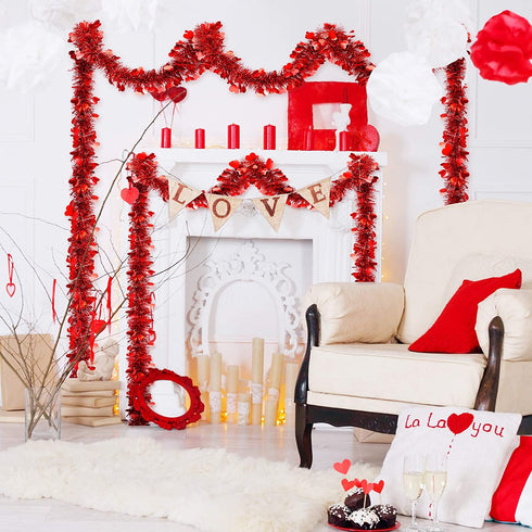 WILLBOND 26.2 Feet Heart Tinsel Garland Valentines Metallic Tinsel Twist Garland Shiny Hanging Decoration for Valentines Tree Wreath Wedding Party Supplies (Red)