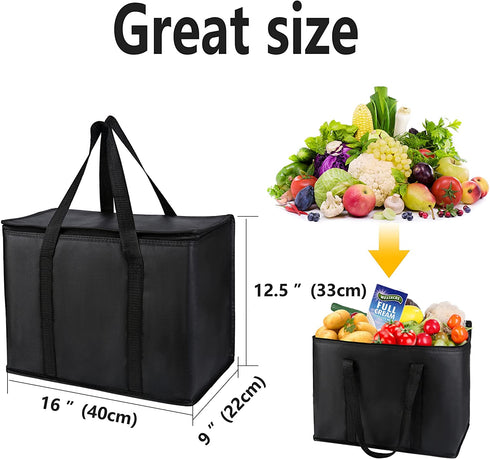 2-Pack, XL-Large Insulated Grocery shopping bags, Black, reusable bag,thermal zipper,Collapsible,tote,cooler,food transport hot and cold,for instacart,camping,Recycled Material delivery groceries