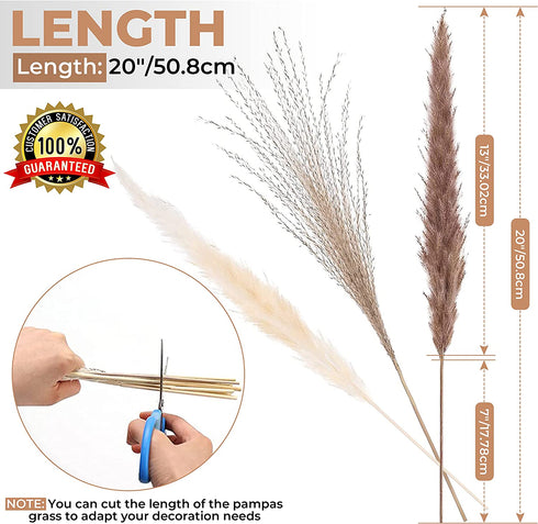 60 Pcs Boho Flowers Faux Pampas Grass Decor- Tall and Fluffy with No Shedding - Artificial Pompass Grass for Home, Wedding, and Table Decor, White, Brown & Reed