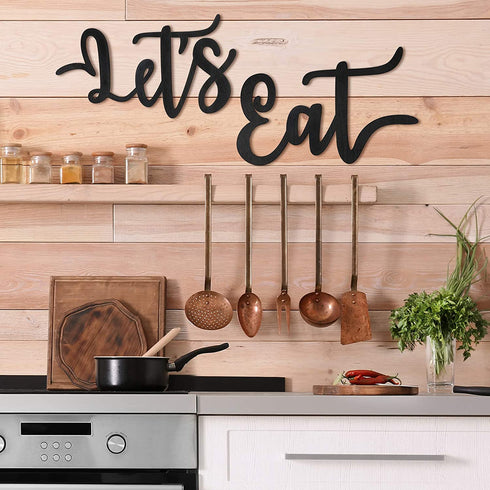 2 Pieces Wooden Let's Eat Sign, Rustic Black Cutout Eat Kitchen Decor, Kitchen Hanging Wall Plaque Farmhouse Wall Sign for Home Kitchen Dining Living Room Decoration