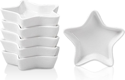 Star Soy Sauce Dish - Delling Dipping Bowls/Dish, Ceramic Dipping Sauce Cups for Soy Sauce, Sushi Sauce, Condiment, BBQ, Small Pinch Bowls, Set of 6, White, 1.2 Oz