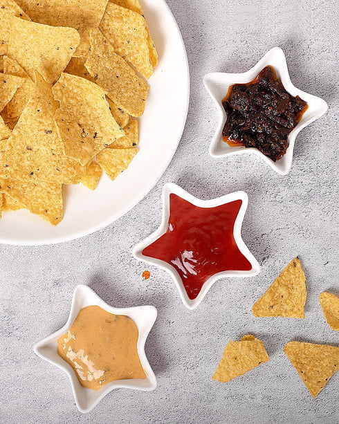 Star Soy Sauce Dish - Delling Dipping Bowls/Dish, Ceramic Dipping Sauce Cups for Soy Sauce, Sushi Sauce, Condiment, BBQ, Small Pinch Bowls, Set of 6, White, 1.2 Oz