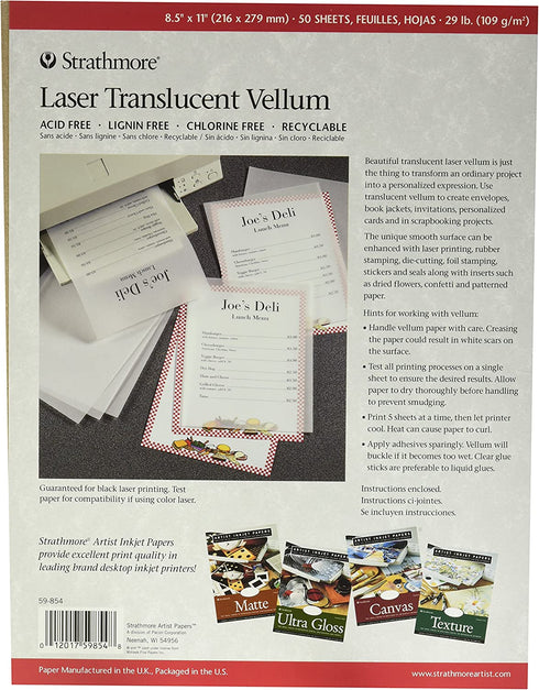 Strathmore 59-854 Laser Vellum Inkjet Paper, 8.5"x11", 50 Sheets,white/ivory