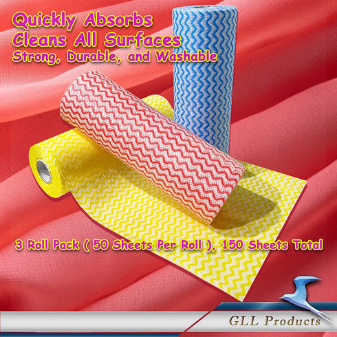 Cleaning Cloths Roll Wipe Sheet, Reusable Wash-Cloth Cleaning Rags, Disposable Dish Cloths for Cleaning Towel, Reusable Paper Towels for Kitchen ( Pack of 3-Rolls, 150-Sheets Total )
