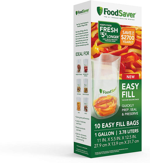 FoodSaver Easy Fill 1-Gallon Vacuum Sealer Bags | Commercial Grade and Reusable | 10 Count, 1 GALLON, Clear