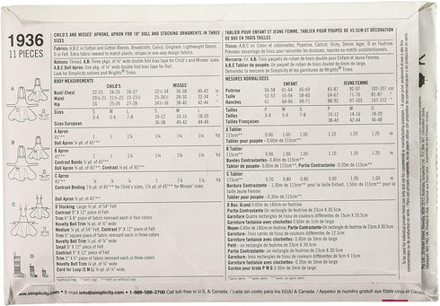 Simplicity 1936 Child's, Women's, and 18'' Doll's Apron Sewing Patterns, Sizes S-L