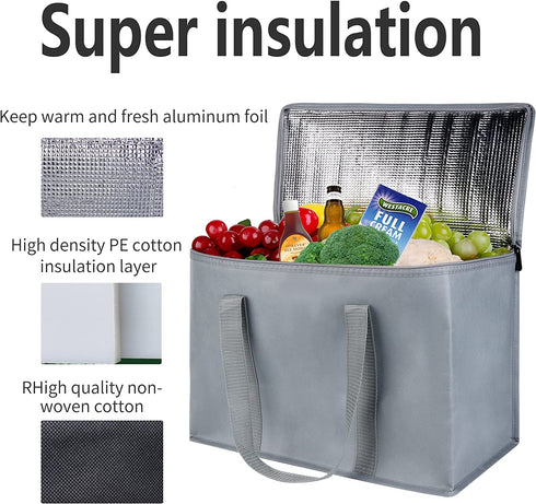 2-Pack XL Insulated Grocery shopping bag, Grey, Delivery,pizza,reusable bags, Sturdy zipper,Collapsible,tote,cooler,thermal,for instacart, for Doordash,Beach,waterproof transport