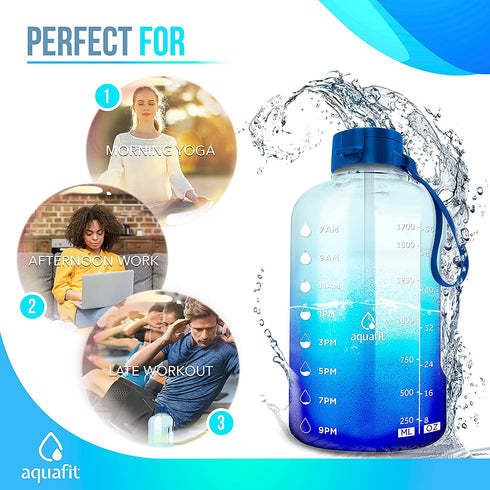 AQUAFIT Half Gallon Water Bottle with Straw Half Gallon Water Jug Motivational Water Bottle 64 Ounce Water Bottle with Time Marker Large Water Bottle Big Water Bottle 1/2 Gallon Water Jug Big Water Jug Dark Blue Fade