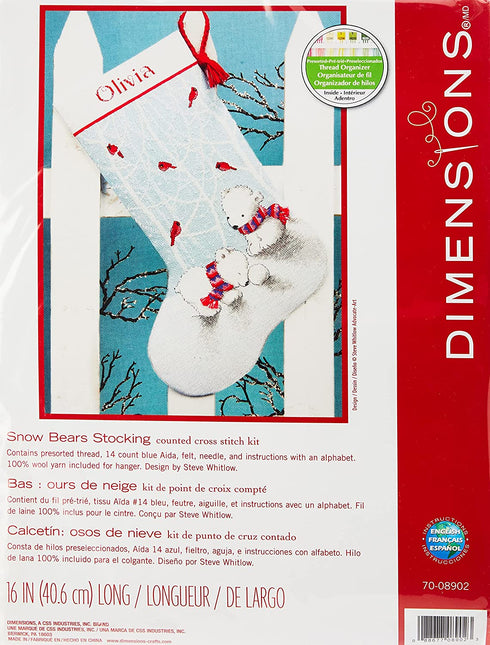 Dimensions Counted Cross Stitch 'Snow Bears' Personalized Christmas Stocking Kit, 14 Count Blue Aida Cloth, 16''